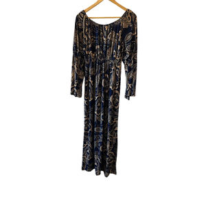 Blue Print Long Sleeve Boat Neck Empire Waist Long Maxi Dress M